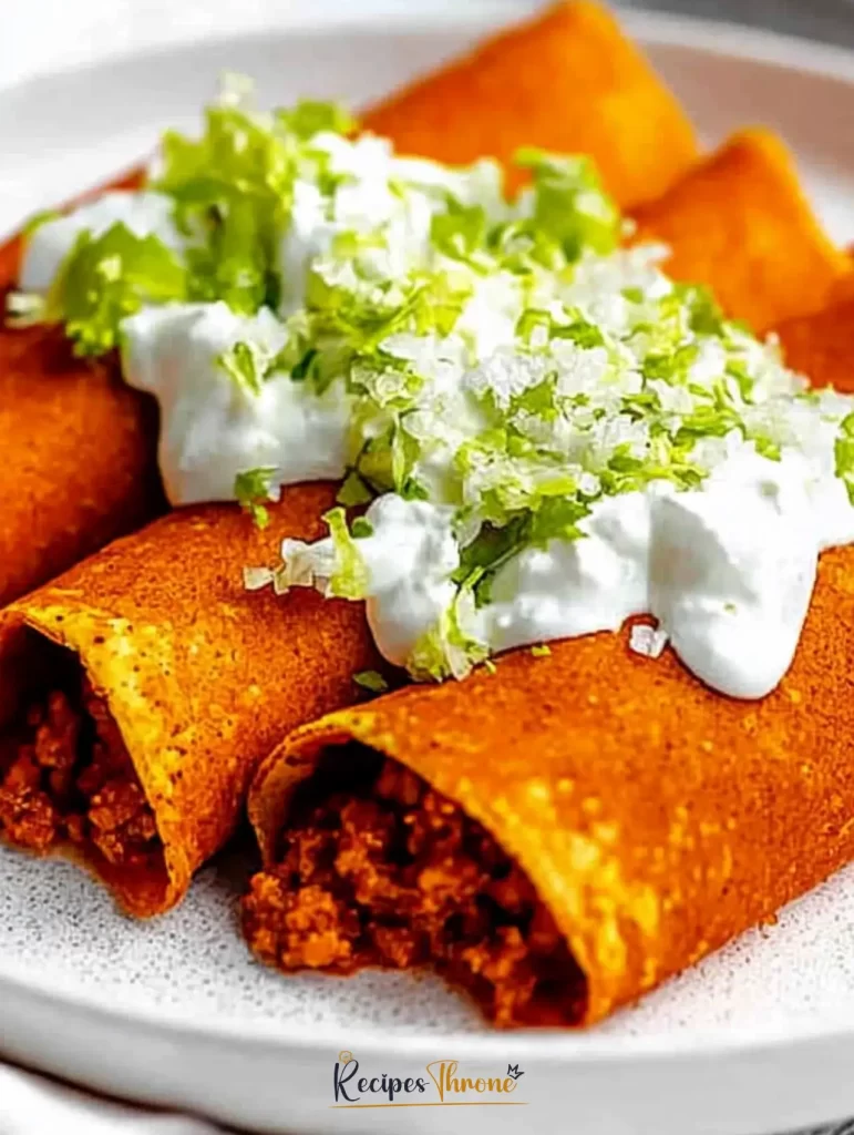 Enchiladas Potosinas filled with meat, topped with Mexican sour cream and shredded lettuce on a white plate