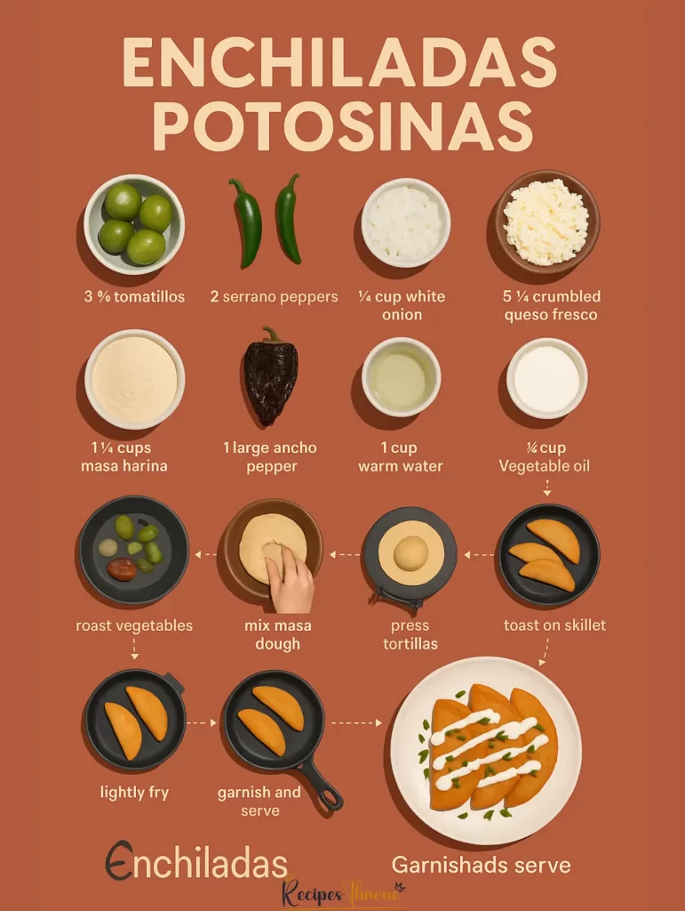 Enchiladas Potosinas recipe infographic with ingredients and step-by-step cooking process on red background