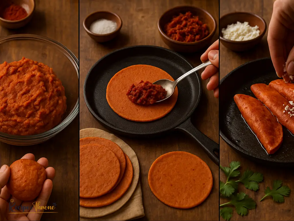 Step-by-step process of making Enchiladas Potosinas including red masa dough, filling, and sealing