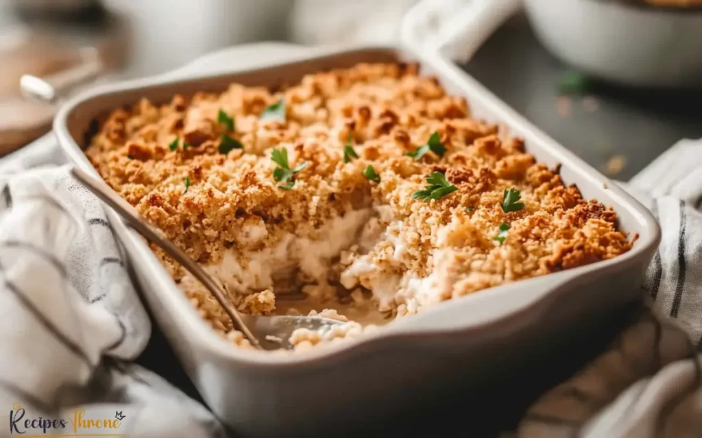 A flat lay of ingredients for rotisserie chicken casserole stuffing, including shredded rotisserie chicken, stuffing mix, cream of chicken soup, mixed vegetables, and seasonings.