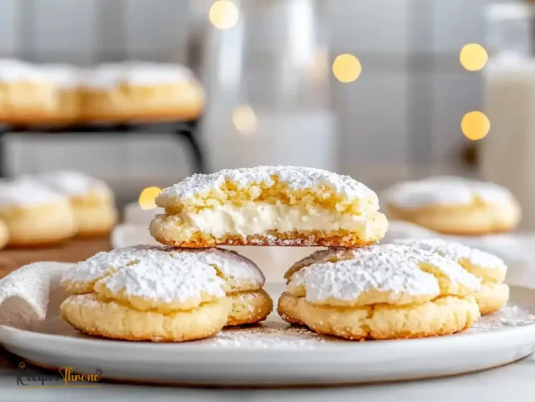 Cheesecake cookies recipe showing soft cookies dusted with powdered sugar and creamy cheesecake filling