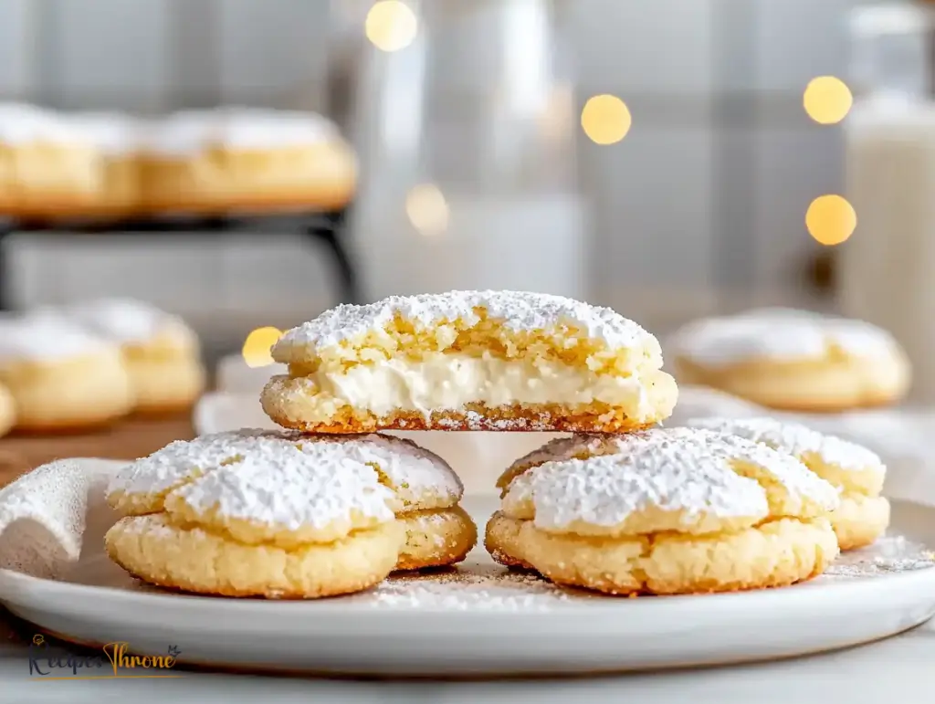 Cheesecake cookies recipe showing soft cookies dusted with powdered sugar and creamy cheesecake filling