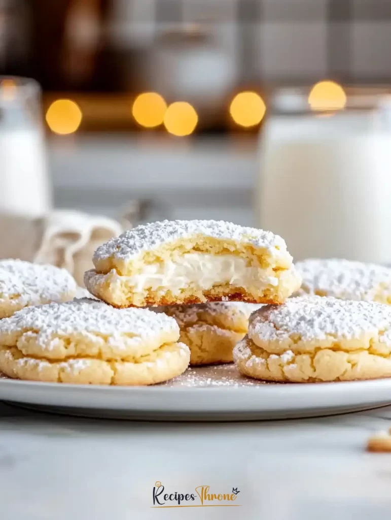 Close-up of cheesecake cookies recipe with golden edges and creamy center, dusted with powdered sugar and arranged on a white plate