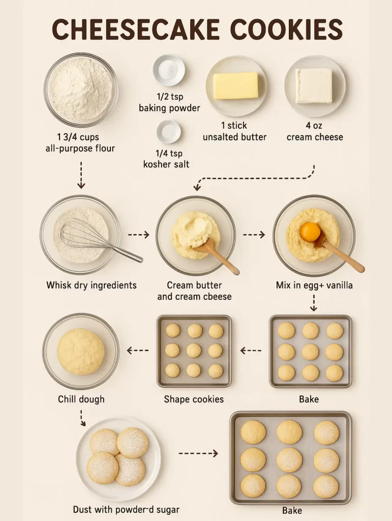Step-by-step infographic for cheesecake cookies recipe showing ingredients and baking instructions