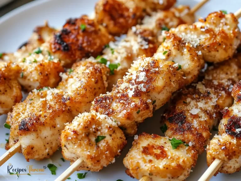 A beautifully plated serving of garlic parmesan chicken skewers
