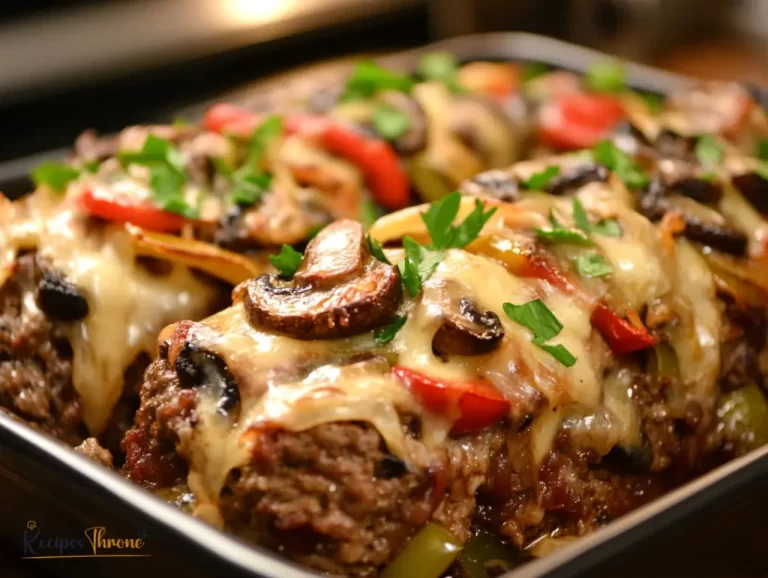 A close-up shot of a perfectly baked Philly Cheesesteak Meatloaf