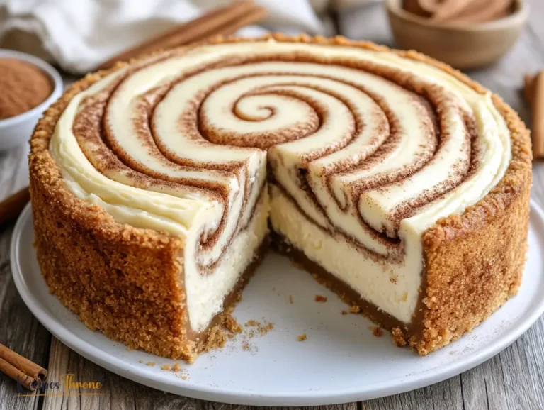 Homemade Cinnamon Roll Cheesecake with creamy swirl on top