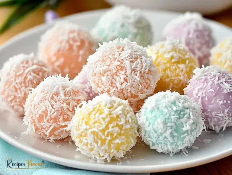 Colorful no-bake coconut balls coated in shredded coconut, arranged on a white plate for Easter.