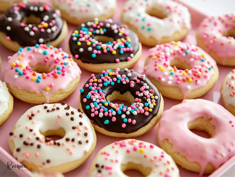 Freshly baked donut cookies with colorful sprinkles