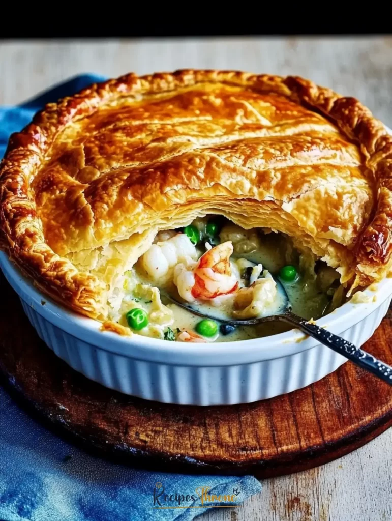Close up of a baked seafood pot pie with flaky puff pastry and rich filling of shrimp peas and creamy sauce in a ceramic dish