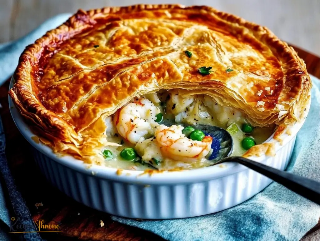 Seafood pot pie recipe served in a white ramekin with golden puff pastry crust, filled with creamy seafood, shrimp, and peas