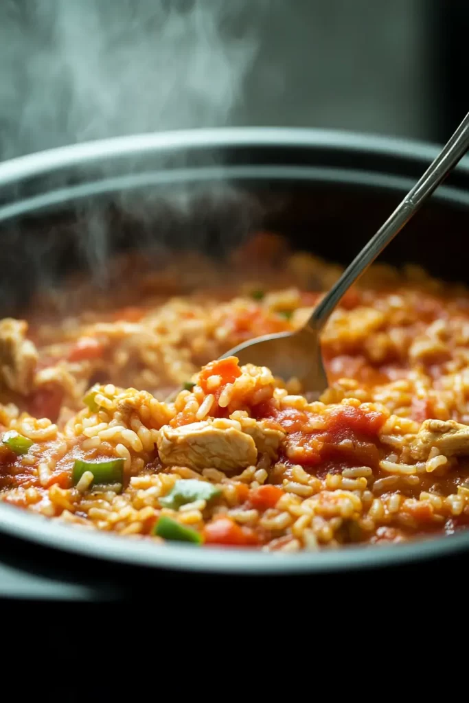 Easy Slow Cooker Arroz con Pollo (Diabetes-Friendly) 11 Arroz con Pollo cooking in slow cooker