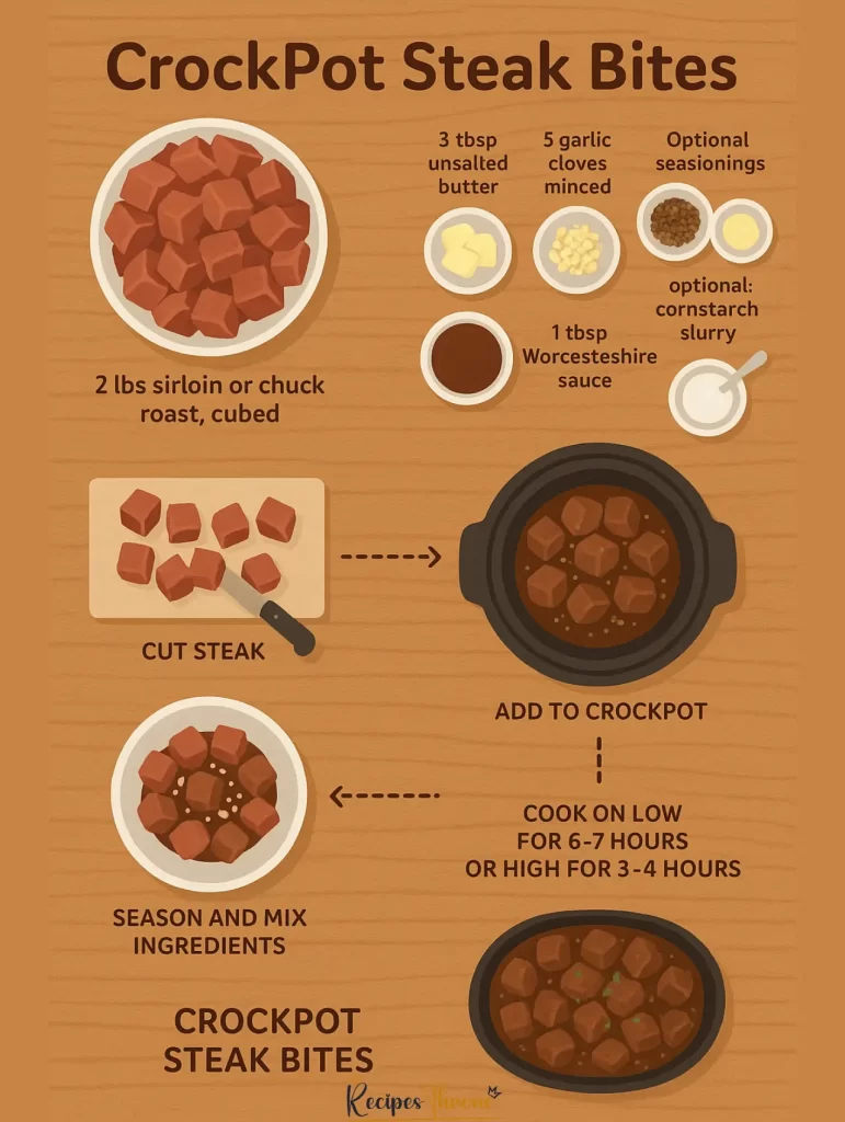 Easy CrockPot Steak Bites Recipe 4 Step-by-step infographic showing how to make CrockPot steak bites