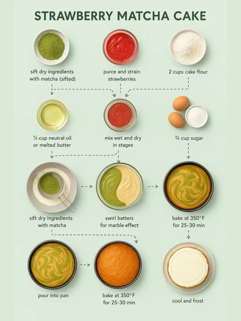 Delicious Strawberry Matcha Cake Recipe 10 Step-by-step infographic showing how to make a strawberry matcha cake with labeled ingredients