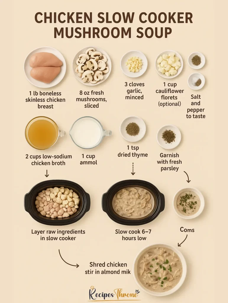 Easy Chicken Slow Cooker Mushroom Soup – Diabetic-Friendly 11 Step-by-step infographic showing how to make chicken slow cooker mushroom soup