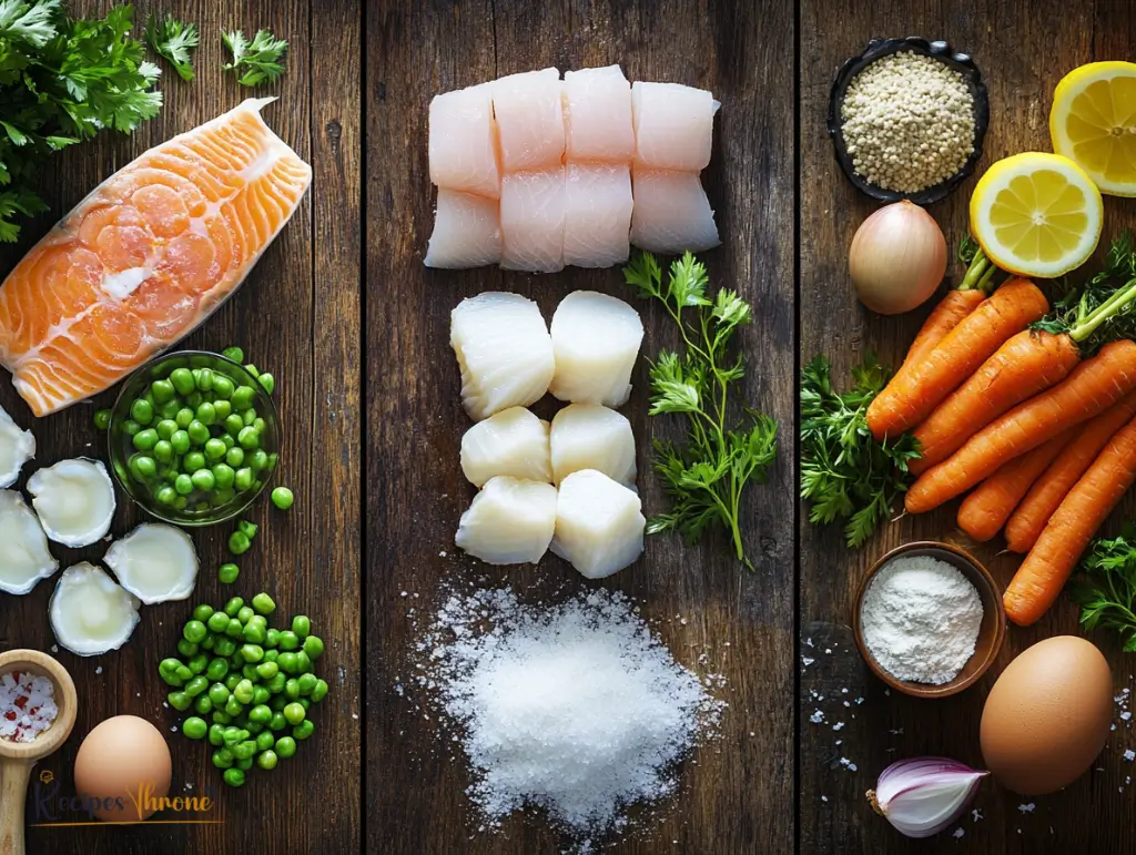 Top down view of fresh ingredients for seafood pot pie recipe