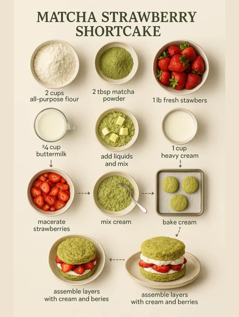 Best Matcha Strawberry Shortcake – Amazing Fusion 9 Step-by-step matcha strawberry shortcake infographic showing ingredients and preparation process from macerating strawberries to assembling shortcake layers with whipped cream.