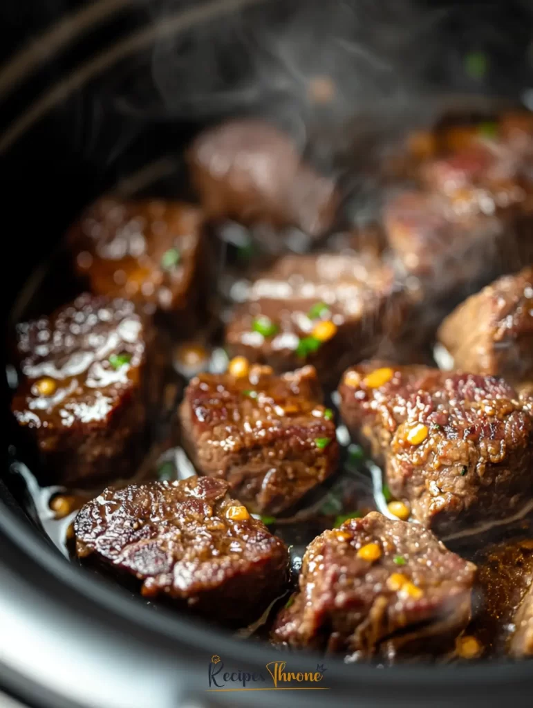 Easy CrockPot Steak Bites Recipe 5 Steak bites cooking in slow cooker