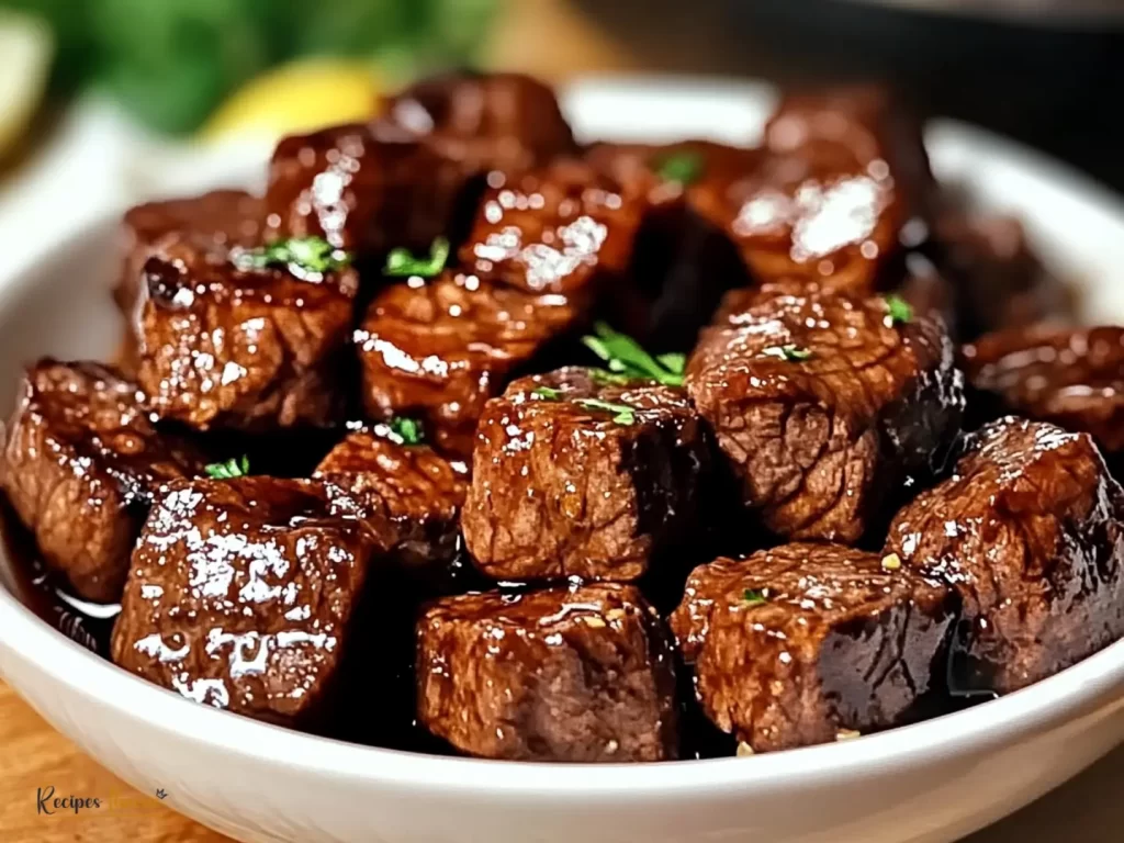 CrockPot Steak Bites on rustic table