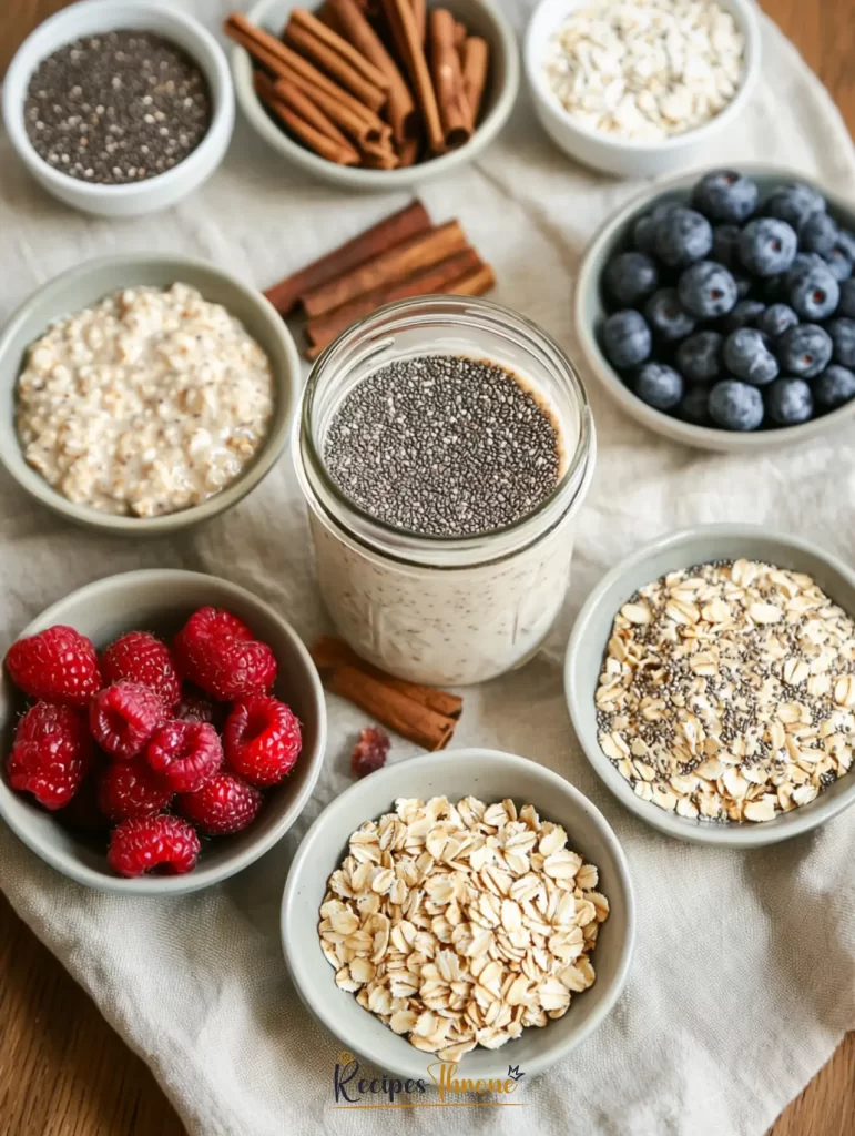 Overnight Oats for Diabetics: Blood Sugar–Friendly Breakfast 8 Diabetic overnight oats ingredients styled on a rustic table