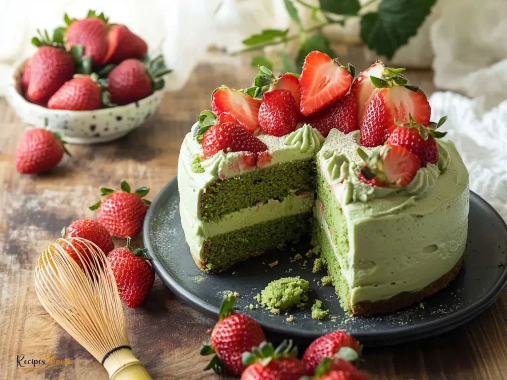 matcha strawberry shortcake on rustic table