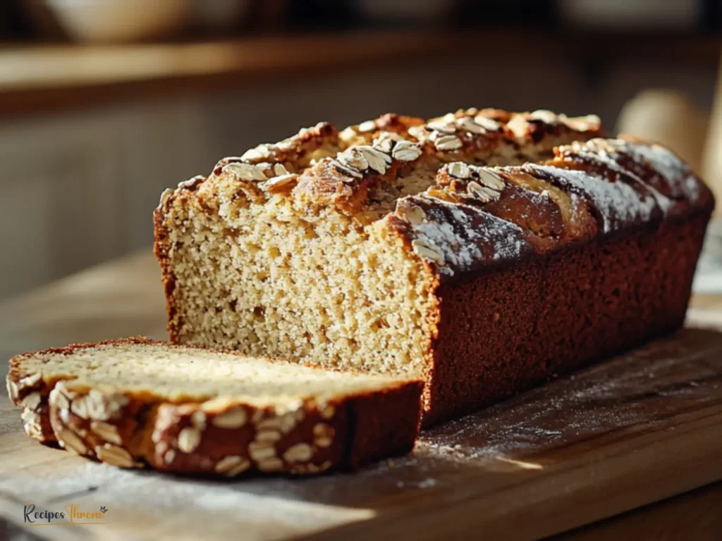 oat flour banana bread loaf sliced on wooden table