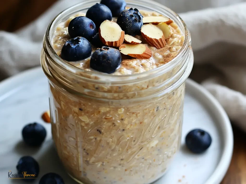 Diabetic overnight oats in a jar with blueberries and cinnamon