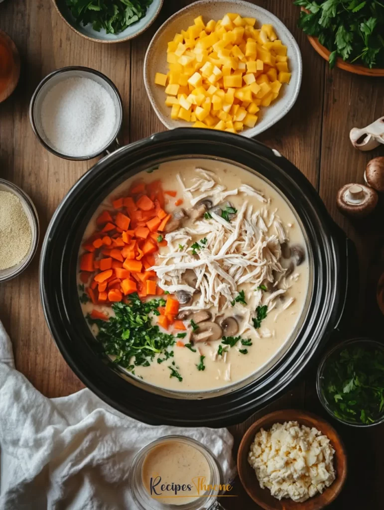Easy Chicken Slow Cooker Mushroom Soup – Diabetic-Friendly 10 Chicken slow cooker soup being prepared step-by-step