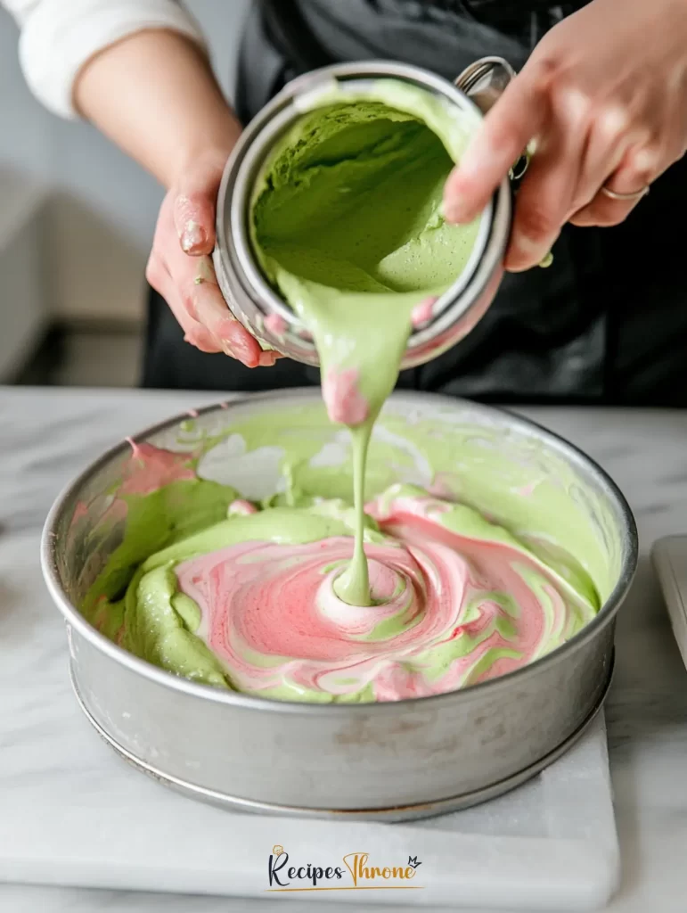 Delicious Strawberry Matcha Cake Recipe 11 pouring matcha and strawberry cake batter into pan