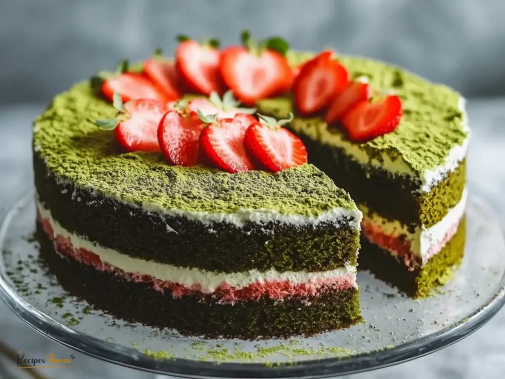 strawberry matcha cake on rustic cake stand