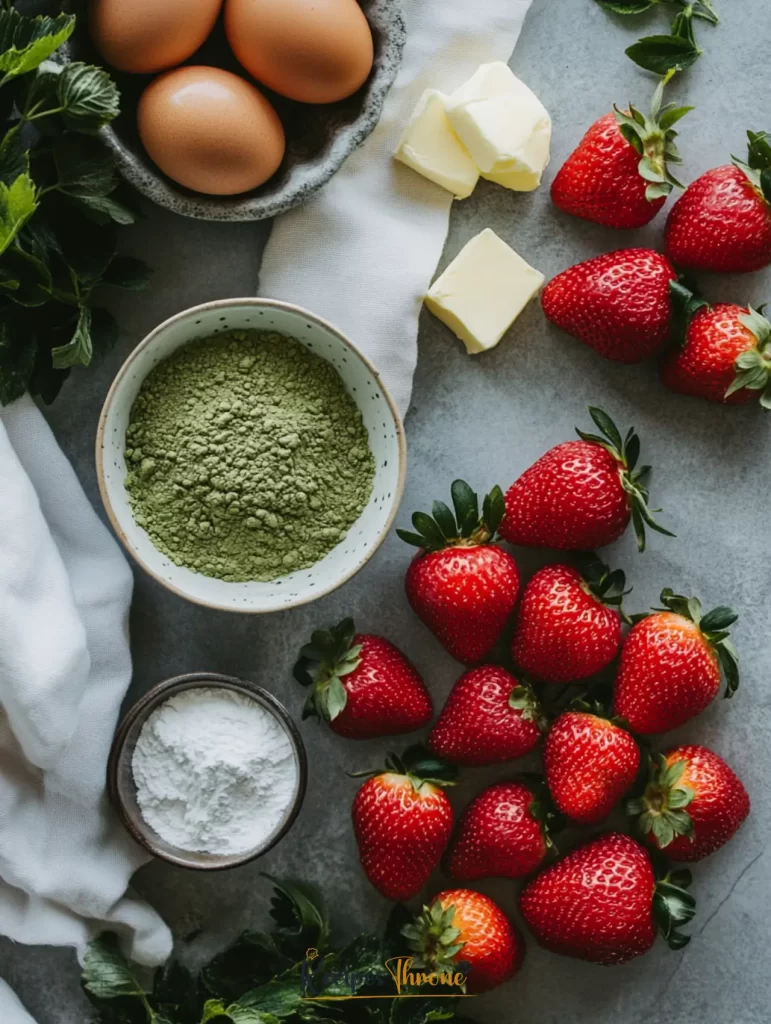 Delicious Strawberry Matcha Cake Recipe 9 strawberry matcha cake ingredients laid out