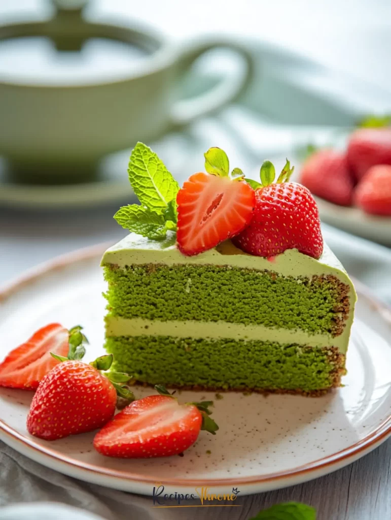 Delicious Strawberry Matcha Cake Recipe 8 slice of strawberry matcha cake served with tea