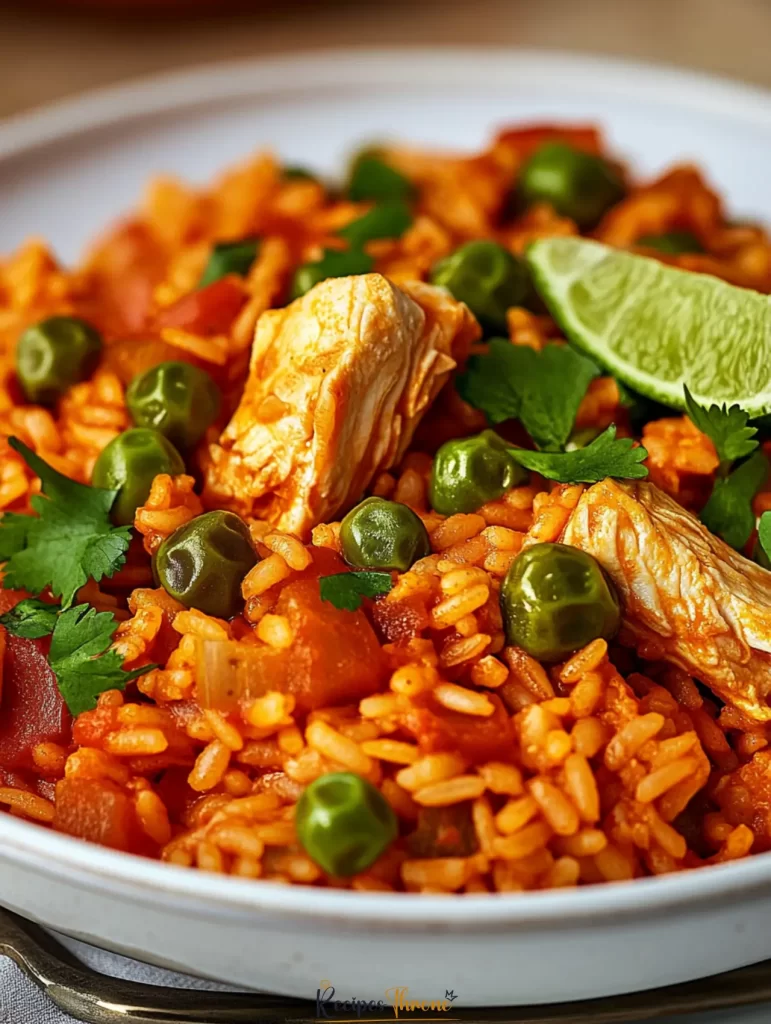 Arroz con pollo served in a bowl with lime and herbs