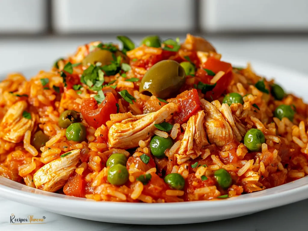 Slow cooker arroz con pollo with golden rice, juicy chicken, and vegetables
