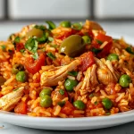 Slow cooker arroz con pollo with golden rice, juicy chicken, and vegetables