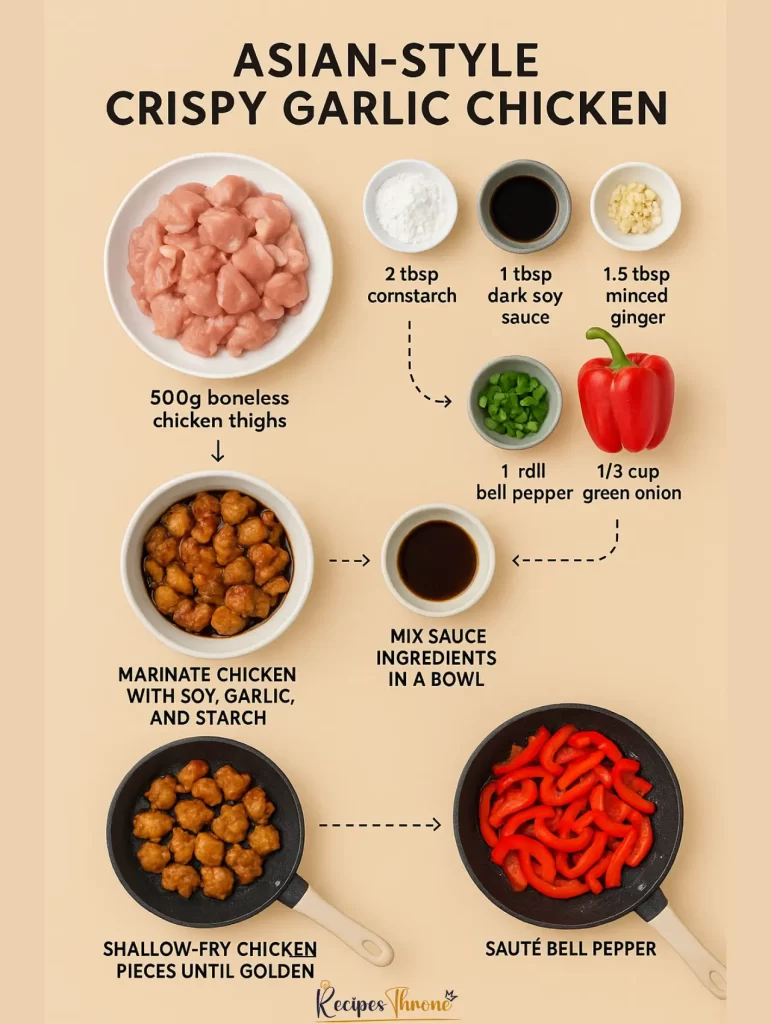 Step-by-step infographic showing how to make Asian-Style Crispy Garlic Chicken