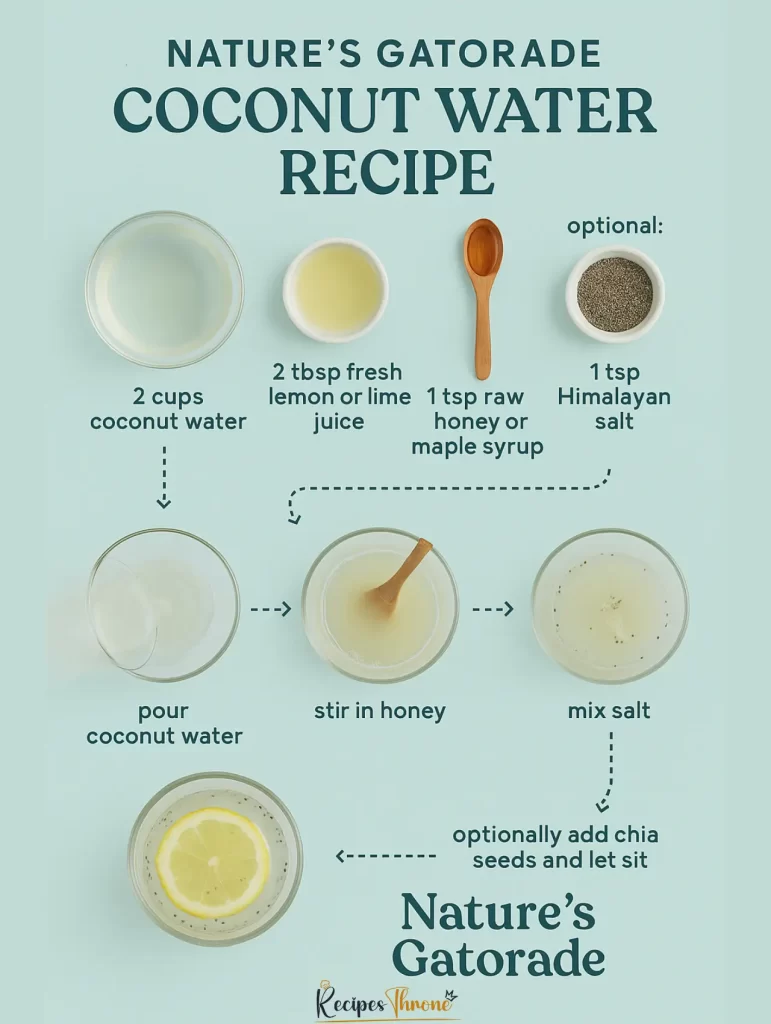 Step-by-step infographic showing how to make Nature's Gatorade coconut water recipe, with labeled ingredients like coconut water, lemon juice, honey, Himalayan salt, and chia seeds, displayed in a clean top-down layout.