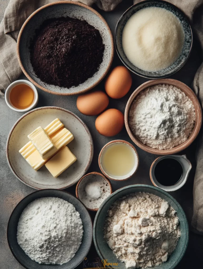 Ingredients for homemade black velvet cake on kitchen counter