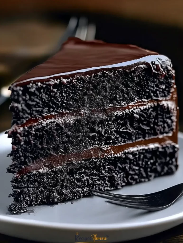Slice of black velvet cake with cream cheese frosting on plate