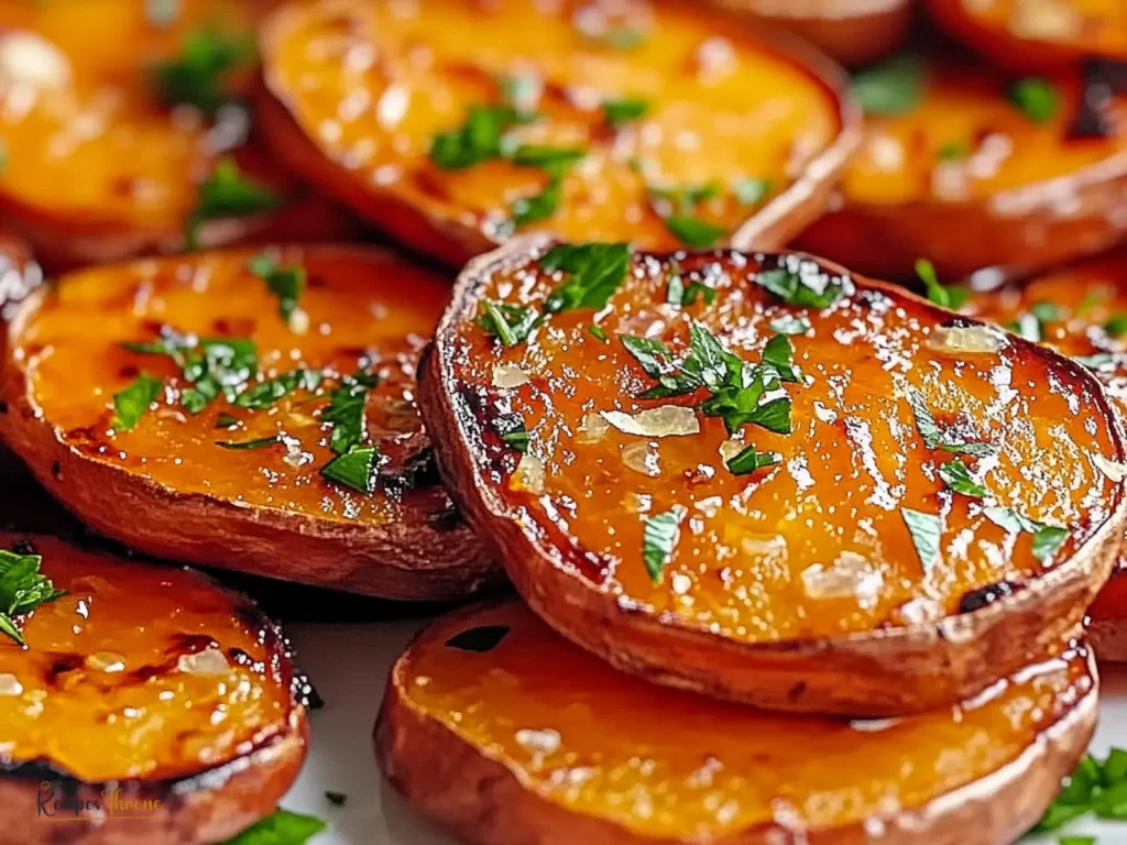 Crispy lemon garlic sweet potato rounds served on a rustic plate