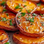 Crispy lemon garlic sweet potato rounds served on a rustic plate