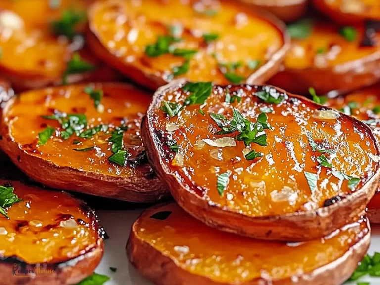 Crispy lemon garlic sweet potato rounds served on a rustic plate