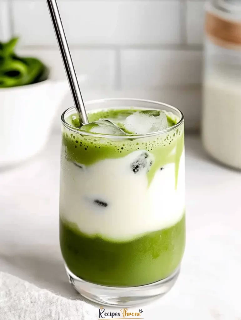 served iced matcha tea with milk and mint