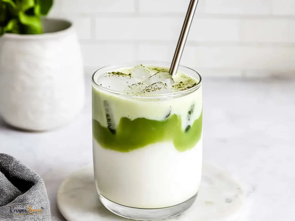 iced matcha tea in glass with ice