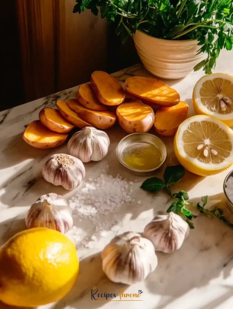 Ingredients for lemon garlic sweet potato rounds