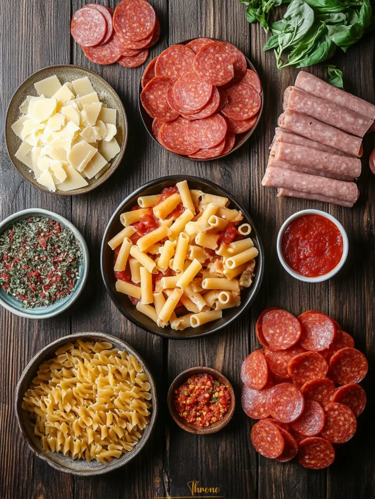 Meat Lovers Pizza Casserole ingredients flat lay