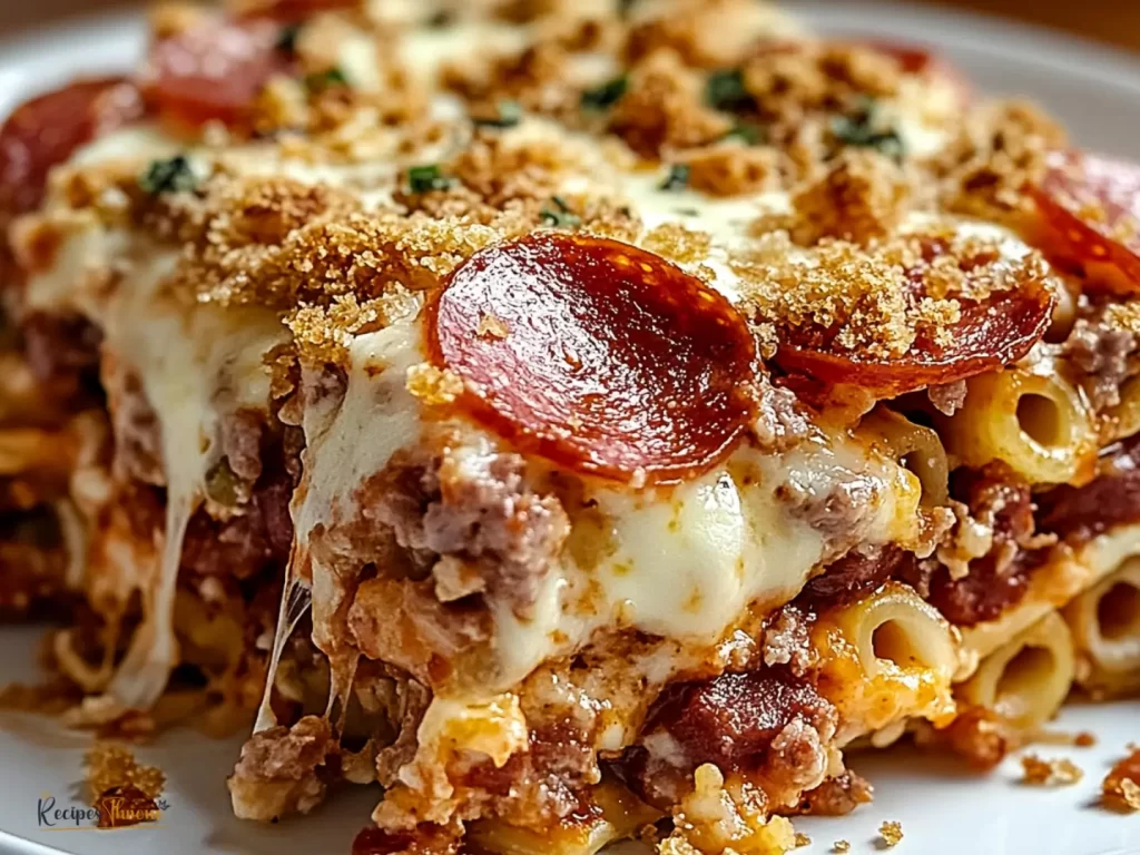 Meat Lovers Pizza Casserole in rustic white baking dish