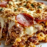 Meat Lovers Pizza Casserole in rustic white baking dish