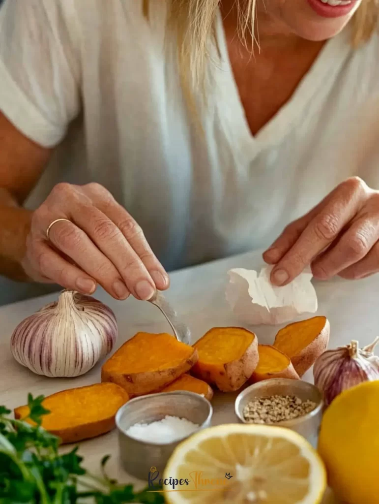 picking crispy lemon garlic sweet potatoes ingredients