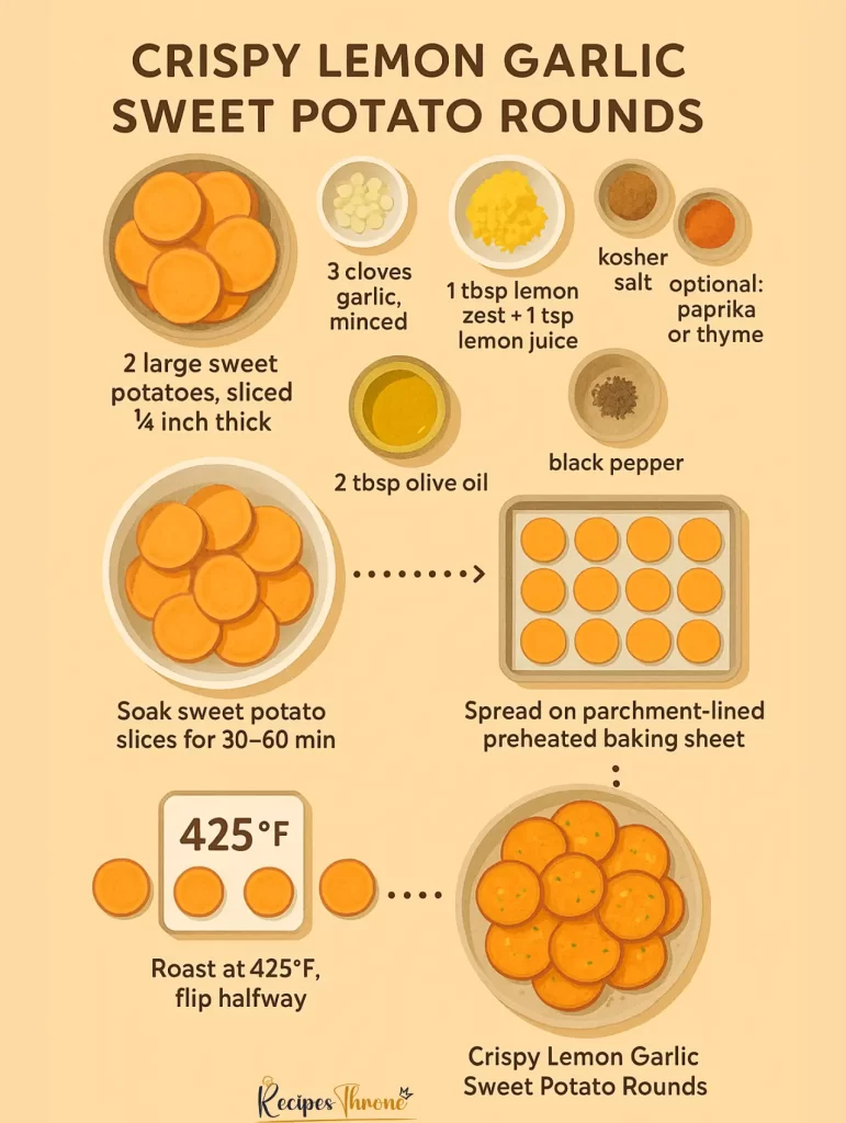step by step recipe infographic for Crispy Lemon Garlic Sweet Potato Rounds